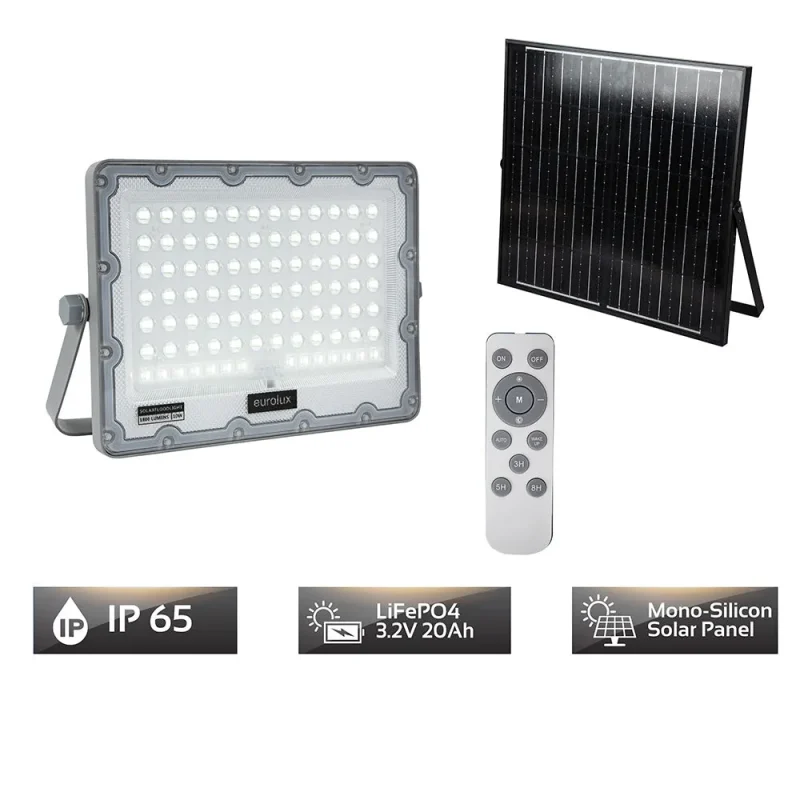 eurolux 20w solar led floodlight 1800lm 6500k black